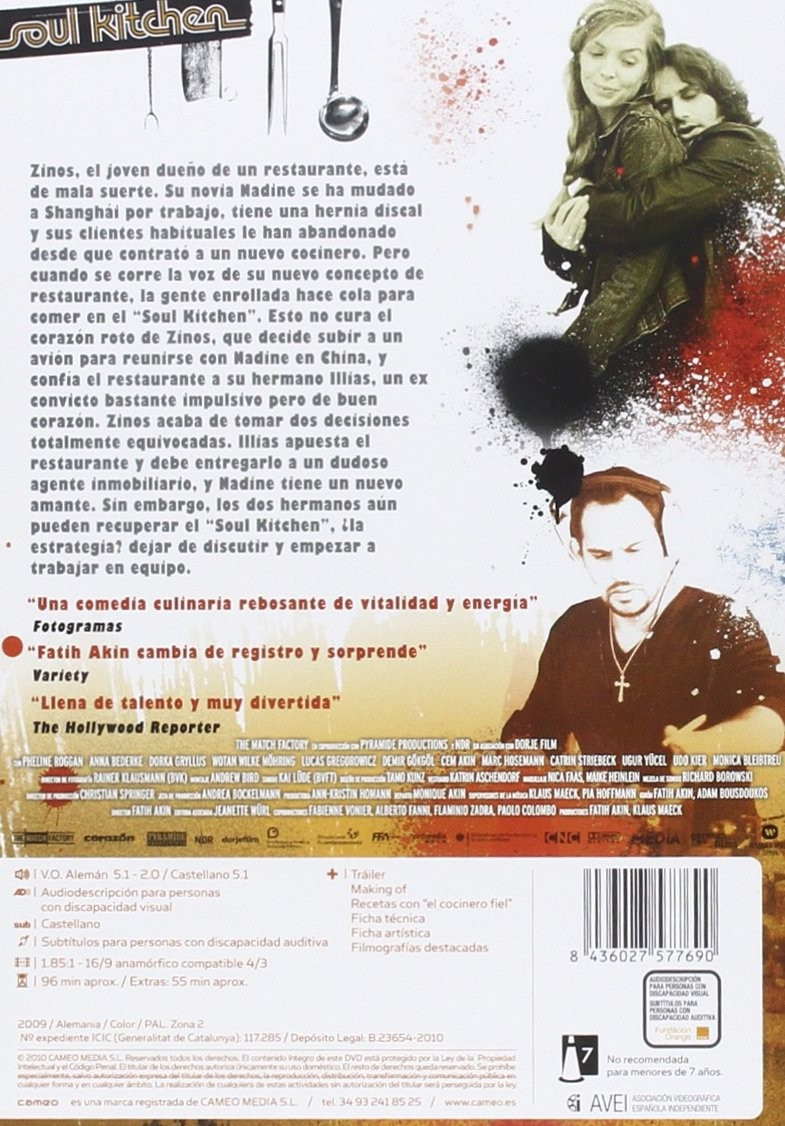 Carátula del DVD de Soul Kitchen con sinopsis, reseñas, reparto y utensilios de cocina.