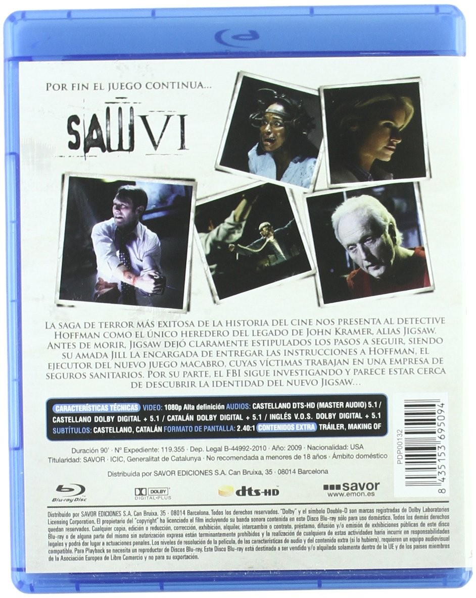 Contraportada de un Blu-ray de Saw VI con fotogramas, resumen y detalles técnicos.