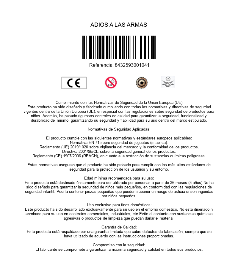 Documento de seguridad con códigos de barras, símbolos y texto sobre cumplimiento de la UE, edad y garantía.