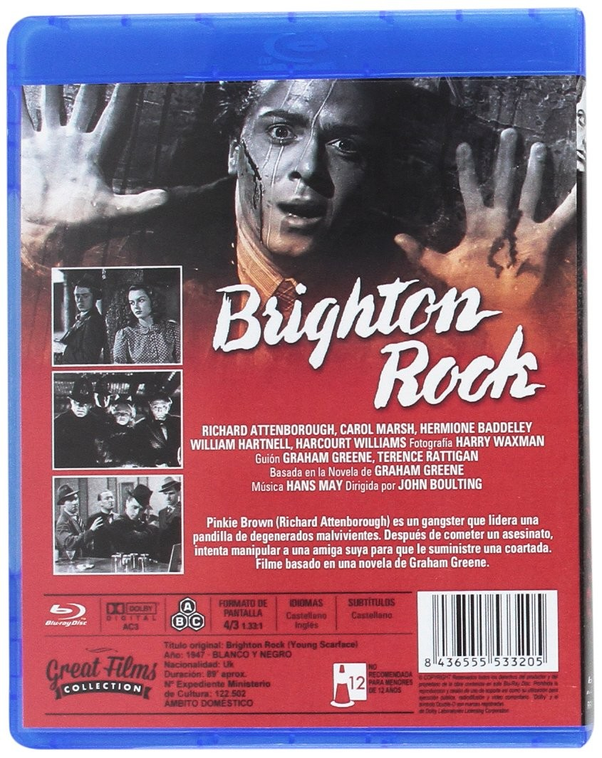 Contraportada del Blu-ray de Brighton Rock con rostro, fotogramas, créditos y código de barras en fondo rojo.