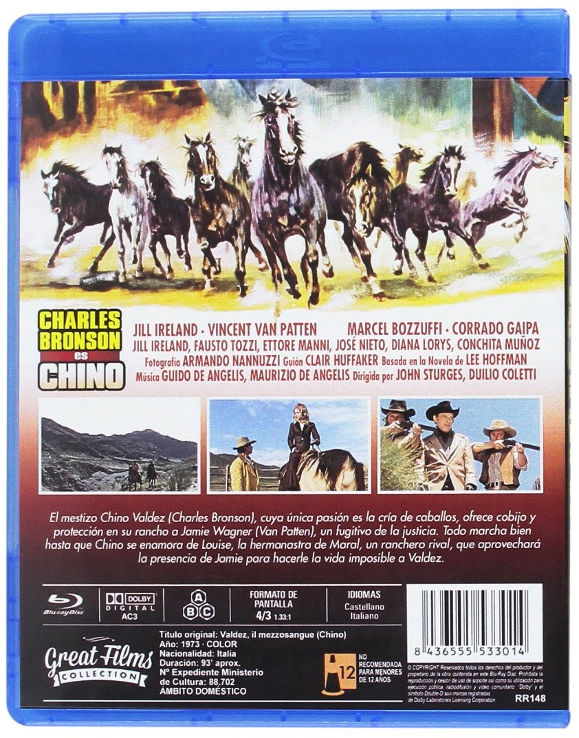 Contraportada del Blu-ray de la película Chino, protagonizada por Charles Bronson, con caballos y fotogramas.