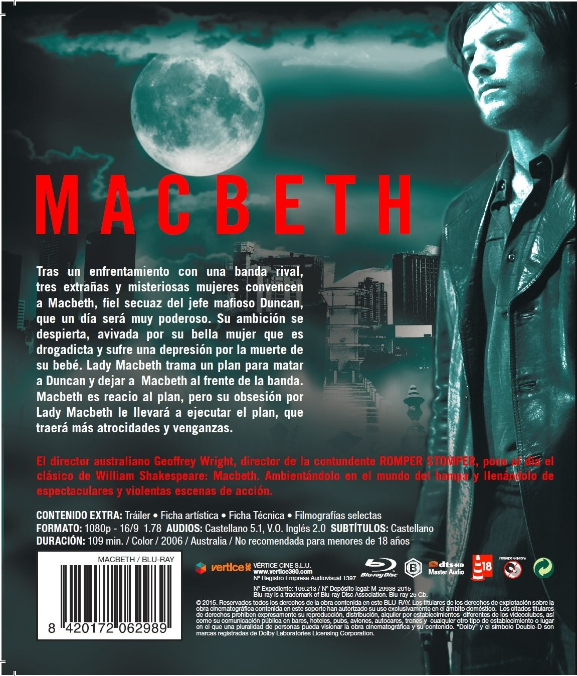 Carátula de Blu-ray de Macbeth con un hombre en primer plano y luna llena.