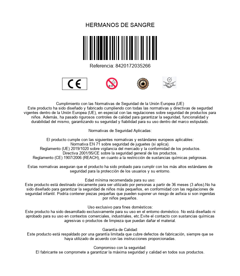 Documento de información del producto con marcado CE, código de barras y texto de seguridad.