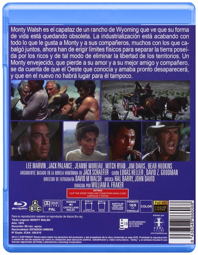 Contraportada de un estuche Blu-ray de Monty Walsh con resumen de película, imágenes y detalles en fondo azul.