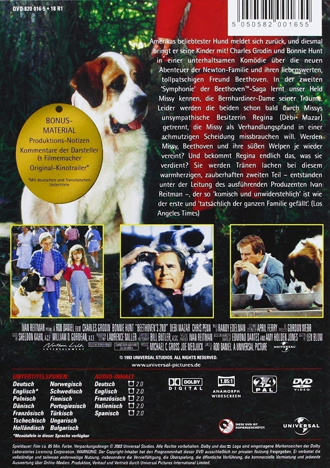 Contraportada del DVD de 'Beethoven 2' con perros San Bernardo, imágenes de la película y texto.