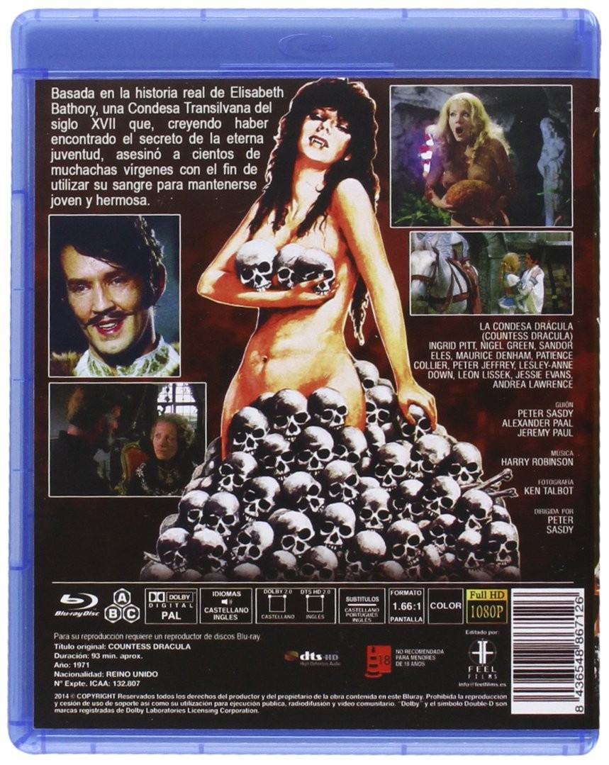 Carátula del Blu-ray de Condesa Drácula con una mujer sobre una pila de cráneos y fotogramas.