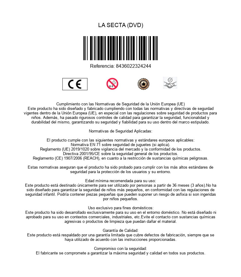 Información de producto con marca CE, código de barras y texto sobre normativas de la UE.