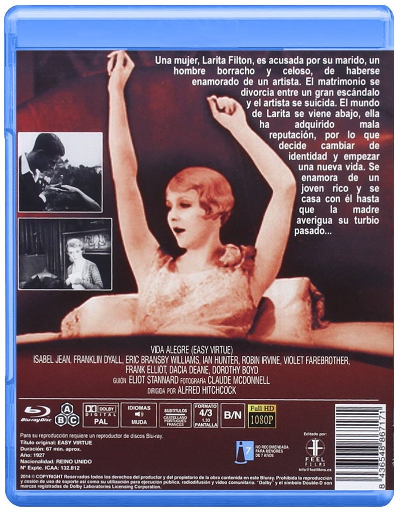 Contraportada del Blu-ray de Easy Virtue de Alfred Hitchcock con sinopsis en español, reparto y fotogramas.