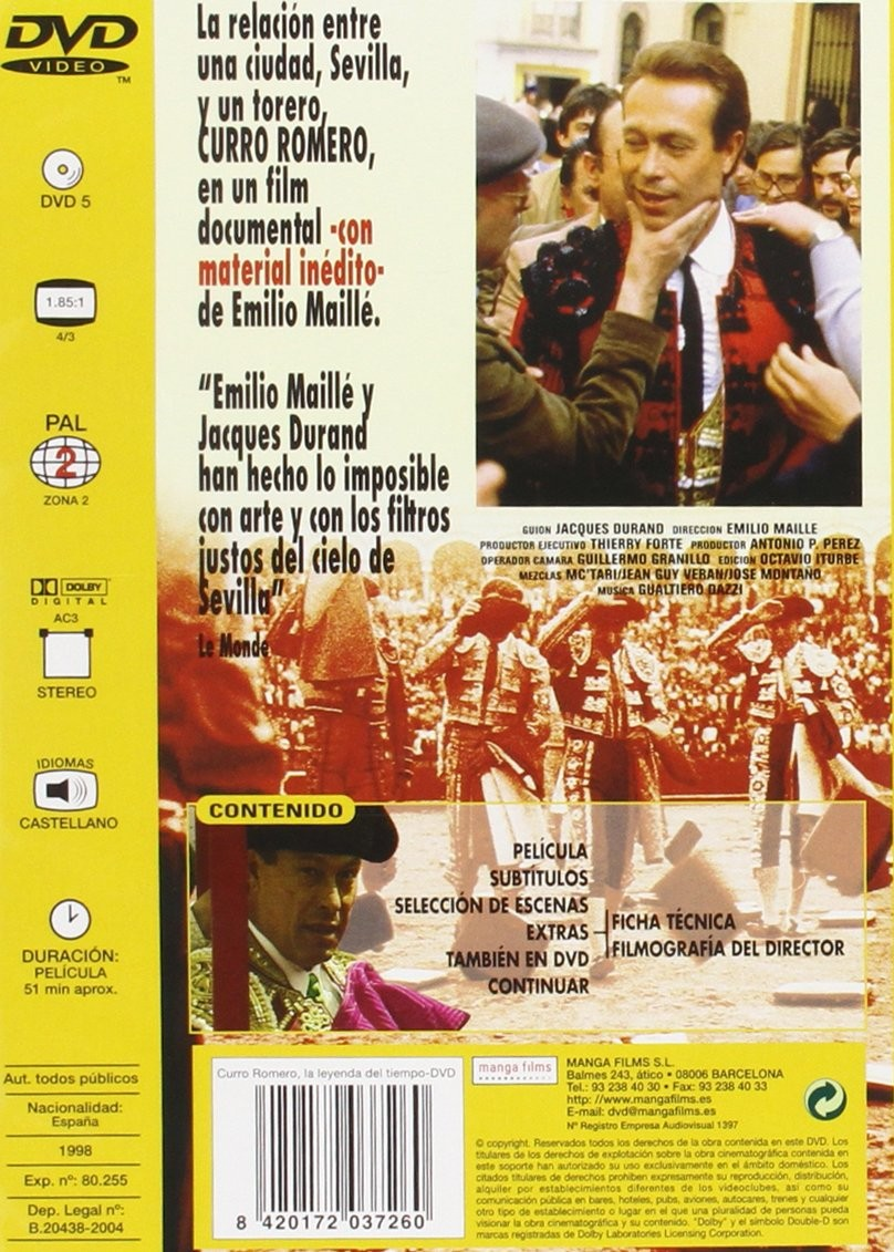 Caratula de DVD amarilla con fotos de Curro Romero, texto en español y codigo de barras.