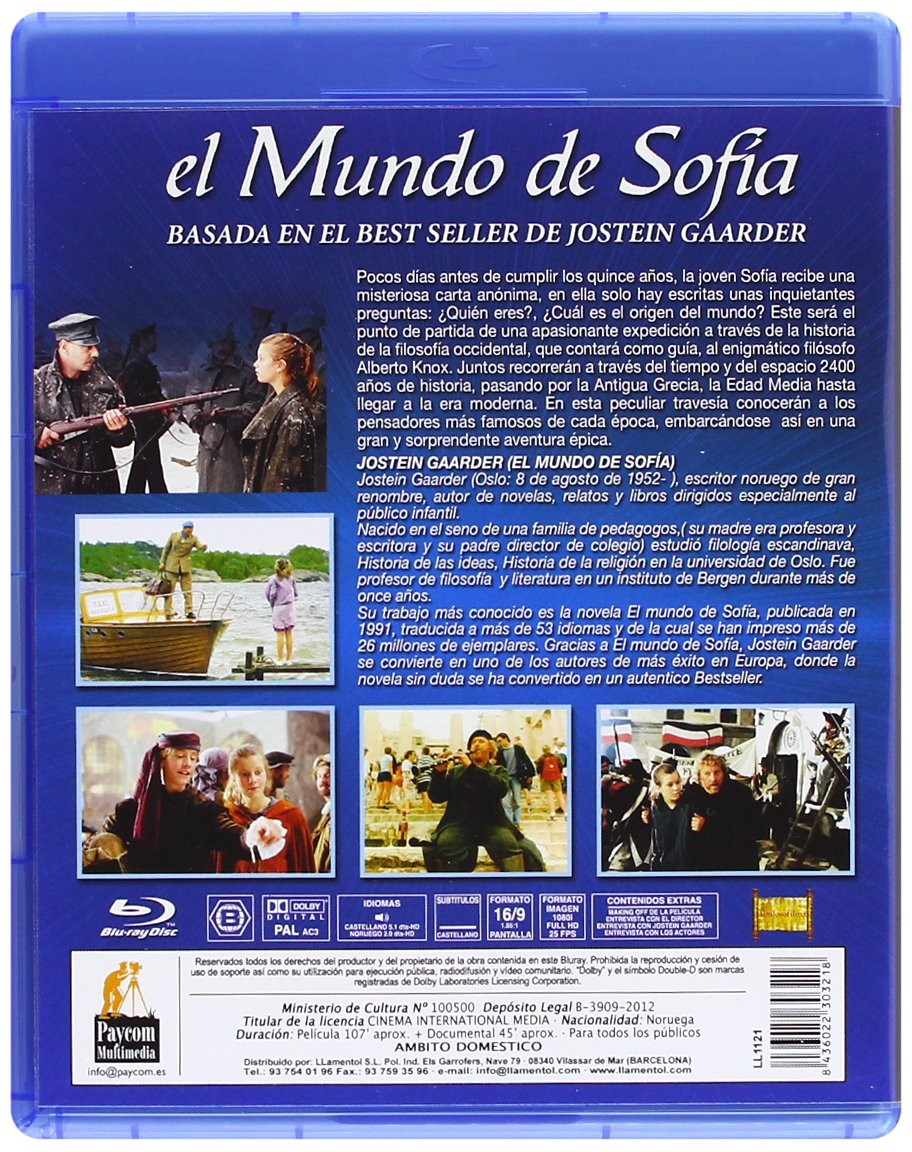 La funda azul del Blu-ray de El mundo de Sofía muestra fotogramas, sinopsis y detalles técnicos en el reverso.