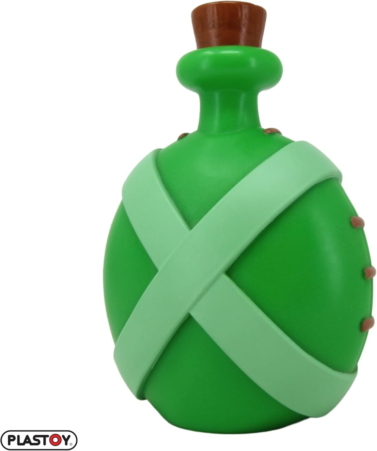 Frasco de plástico verde con corcho marrón y bandas verde claro cruzadas sobre fondo blanco.