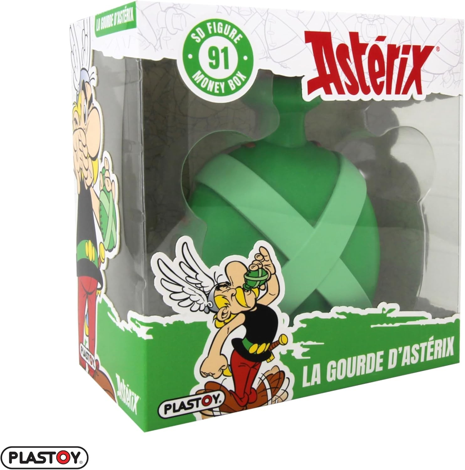 Embalaje de hucha con forma de calabaza de Astérix y diseño de botella verde.