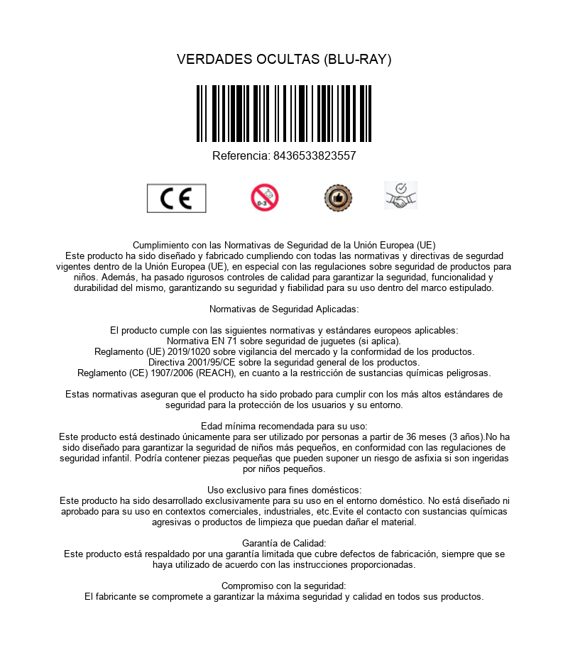 Página de información del producto con código de barras, marcado CE y texto en español.