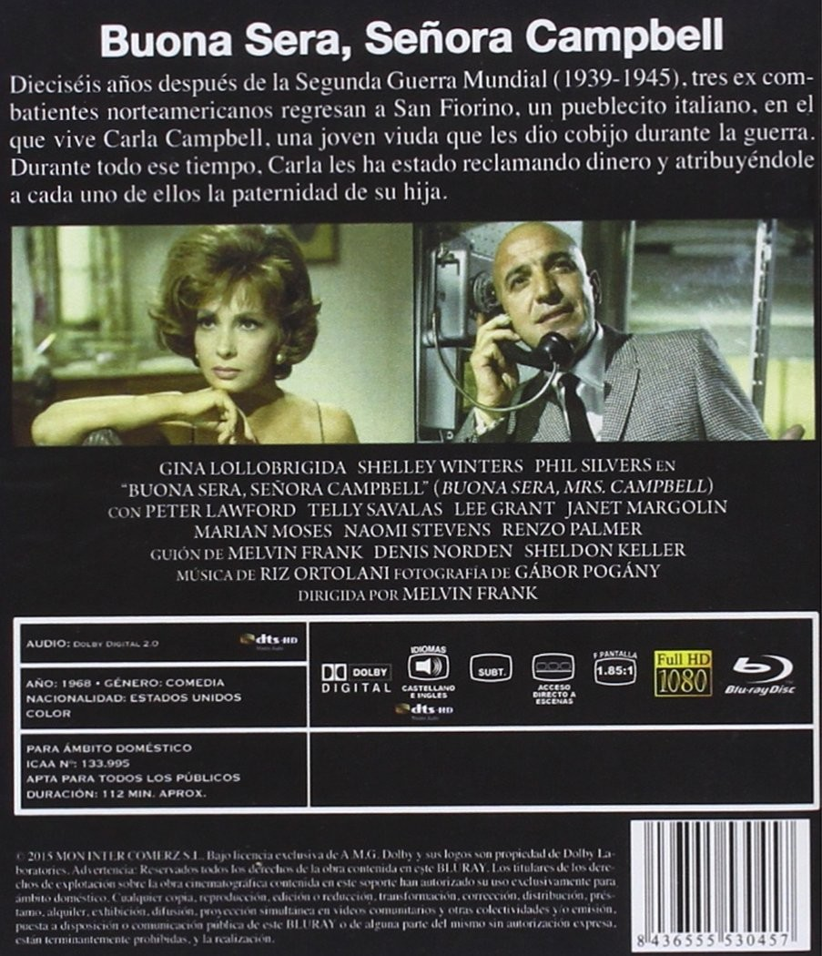 Contraportada de Blu-ray de Buona Sera, Señora Campbell con fotos, sinopsis y datos técnicos.