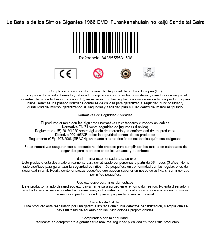 Contraportada de DVD con código de barras, marca CE e instrucciones de seguridad.