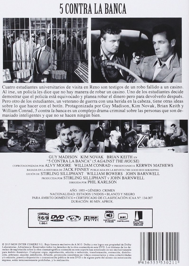 Carátula de DVD en blanco y negro de la película 5 contra la banca con escenas, texto y código de barras.