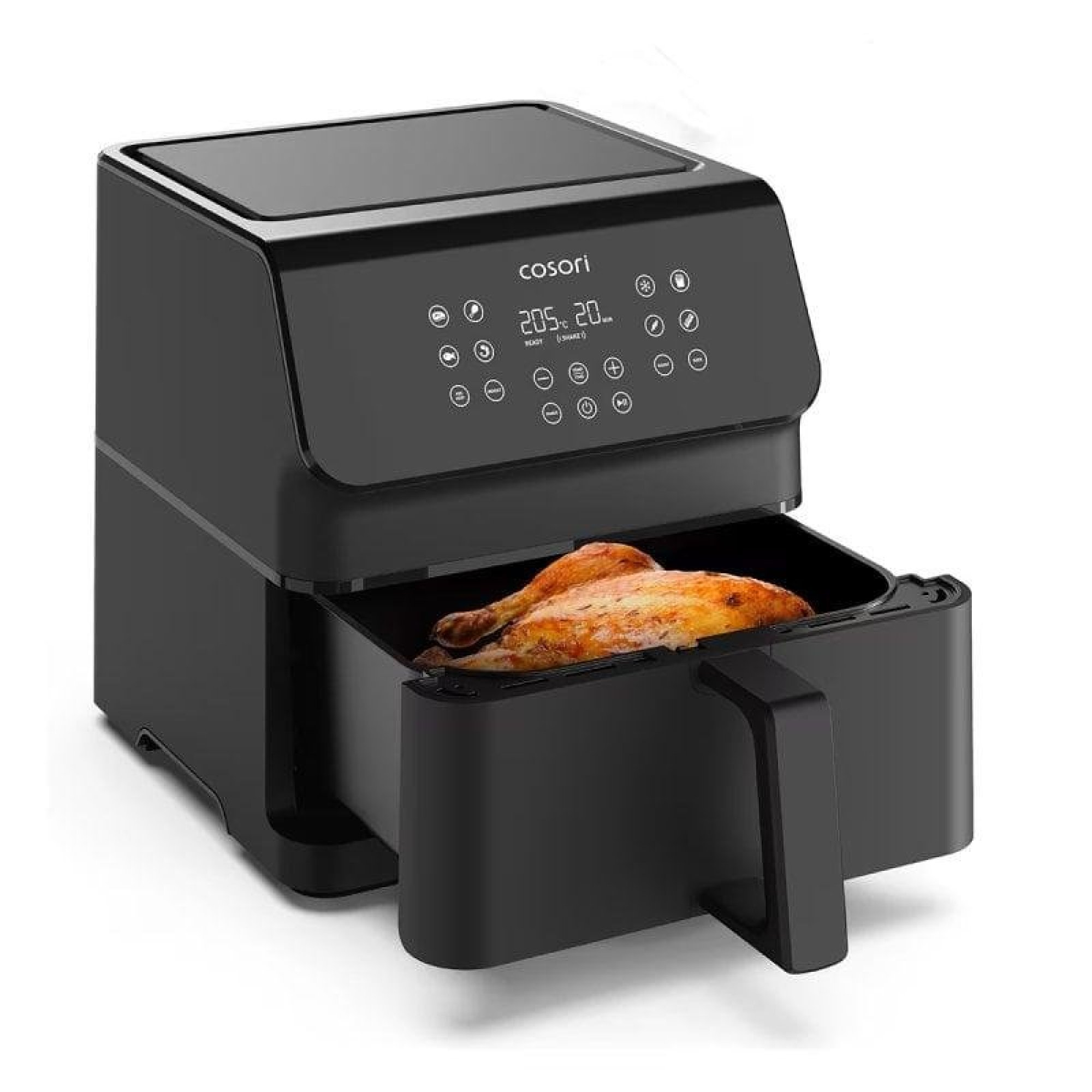 Friggitrice ad aria Cosori nera con cestello aperto contenente pollo arrosto.