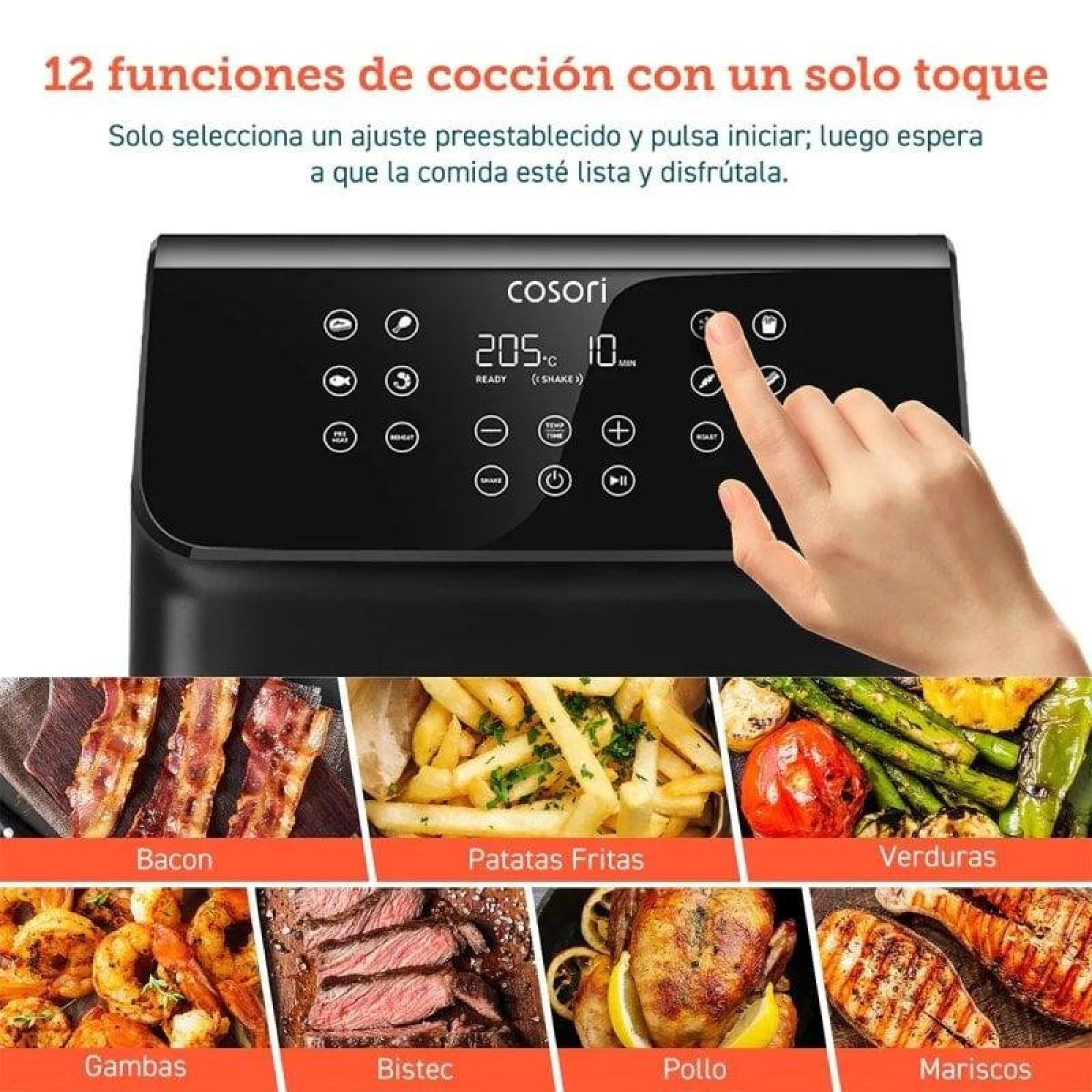 Mano che tocca il pannello di controllo touch di una friggitrice ad aria Cosori sopra immagini di cibo.