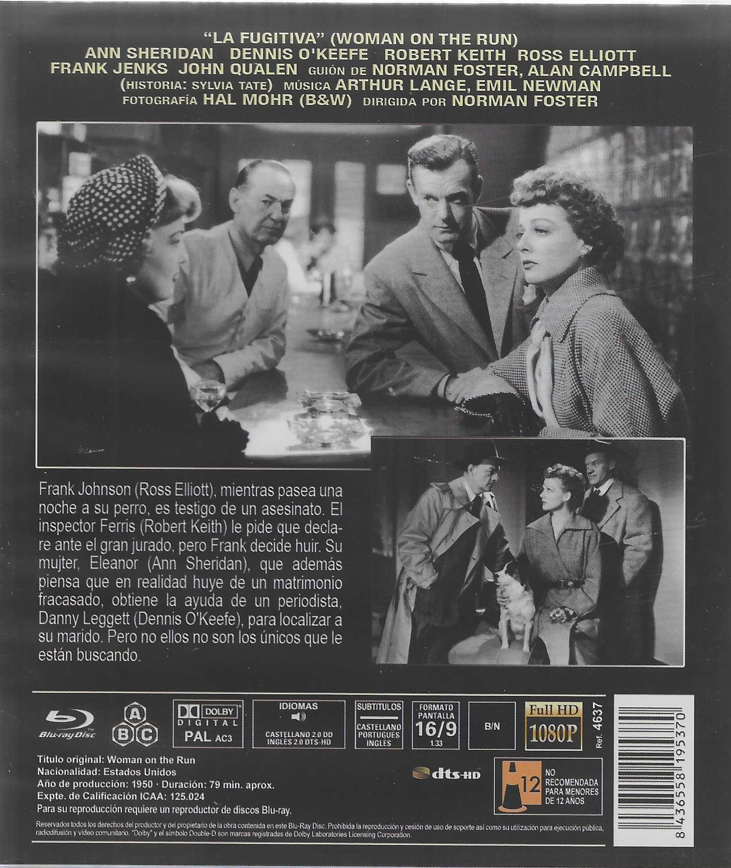 Carátula de la película La fugitiva con tres personas, texto y fotogramas en blanco y negro.