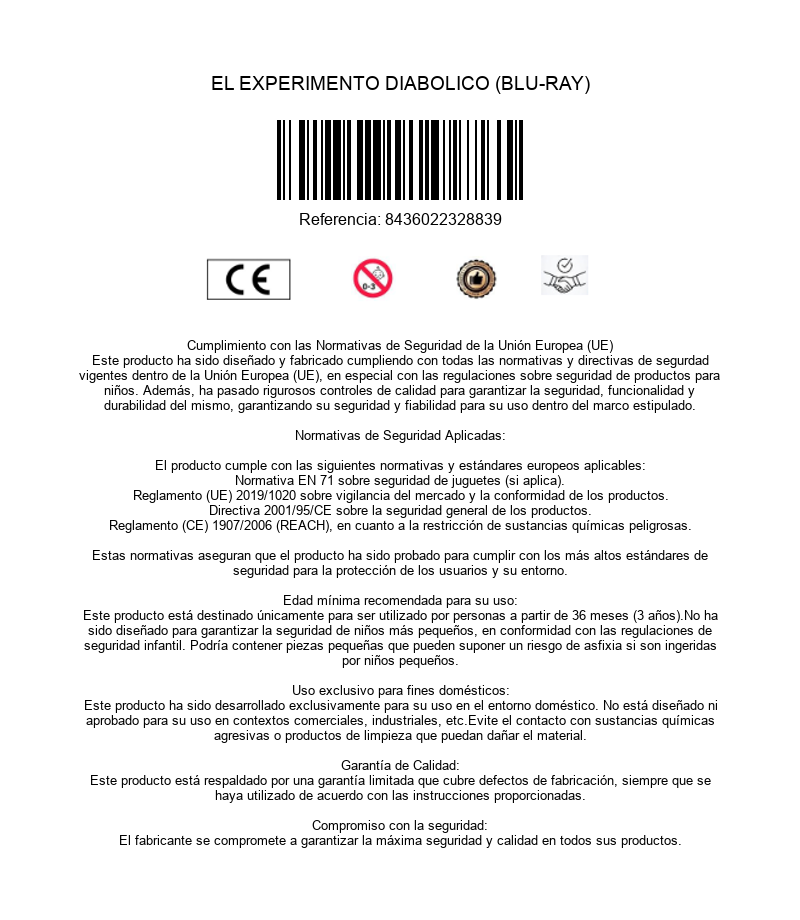 Información de seguridad y normativa para EL EXPERIMENTO DIABOLICO, con código de barras y marcado CE.