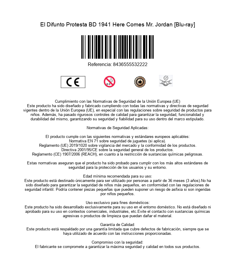 Documento de información de producto con marca CE, código de barras y avisos de seguridad.