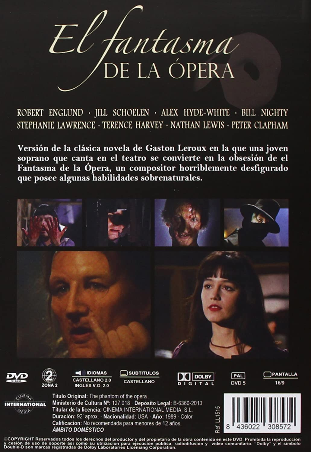 Carátula de DVD de El Fantasma de la Ópera con texto, reparto, fotos de escenas y detalles técnicos abajo.