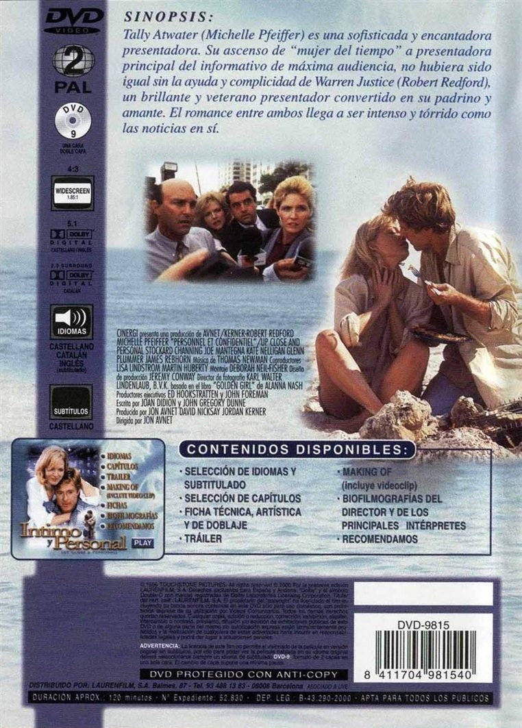 Contraportada de DVD con sinopsis, fotos de Michelle Pfeiffer y Robert Redford, reparto y datos técnicos.