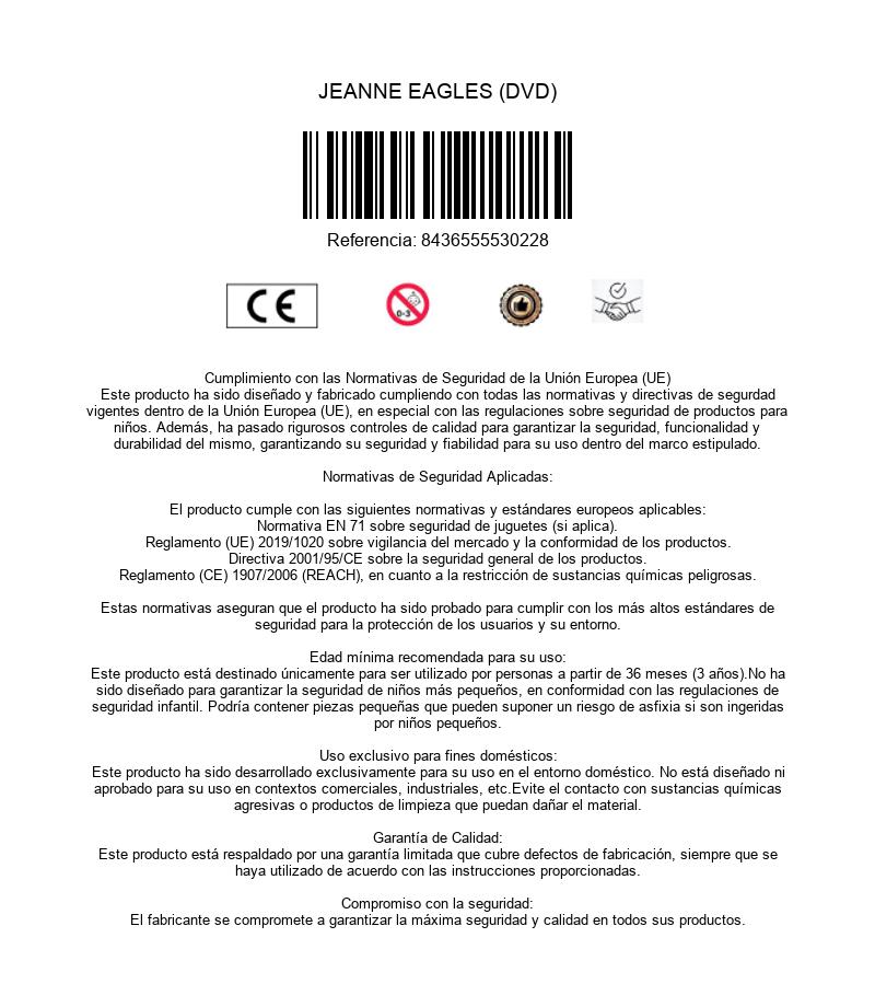 Página de información del producto con código de barras, marcado CE y texto de seguridad.