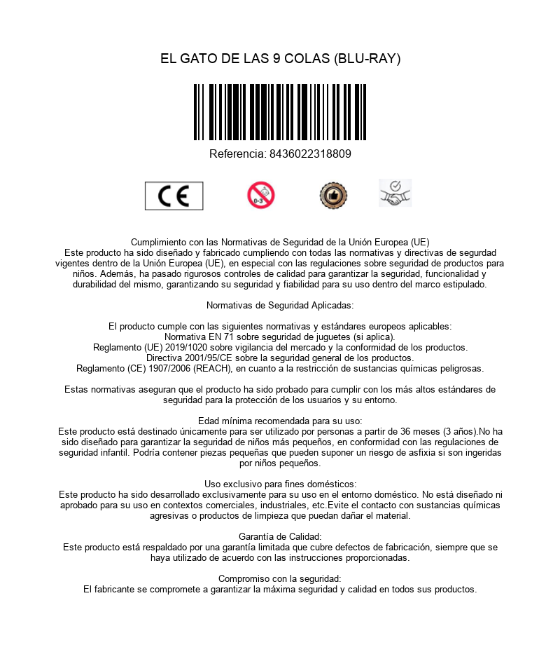 Información del producto El Gato de las 9 Colas Blu-ray con código de barras y texto de seguridad.