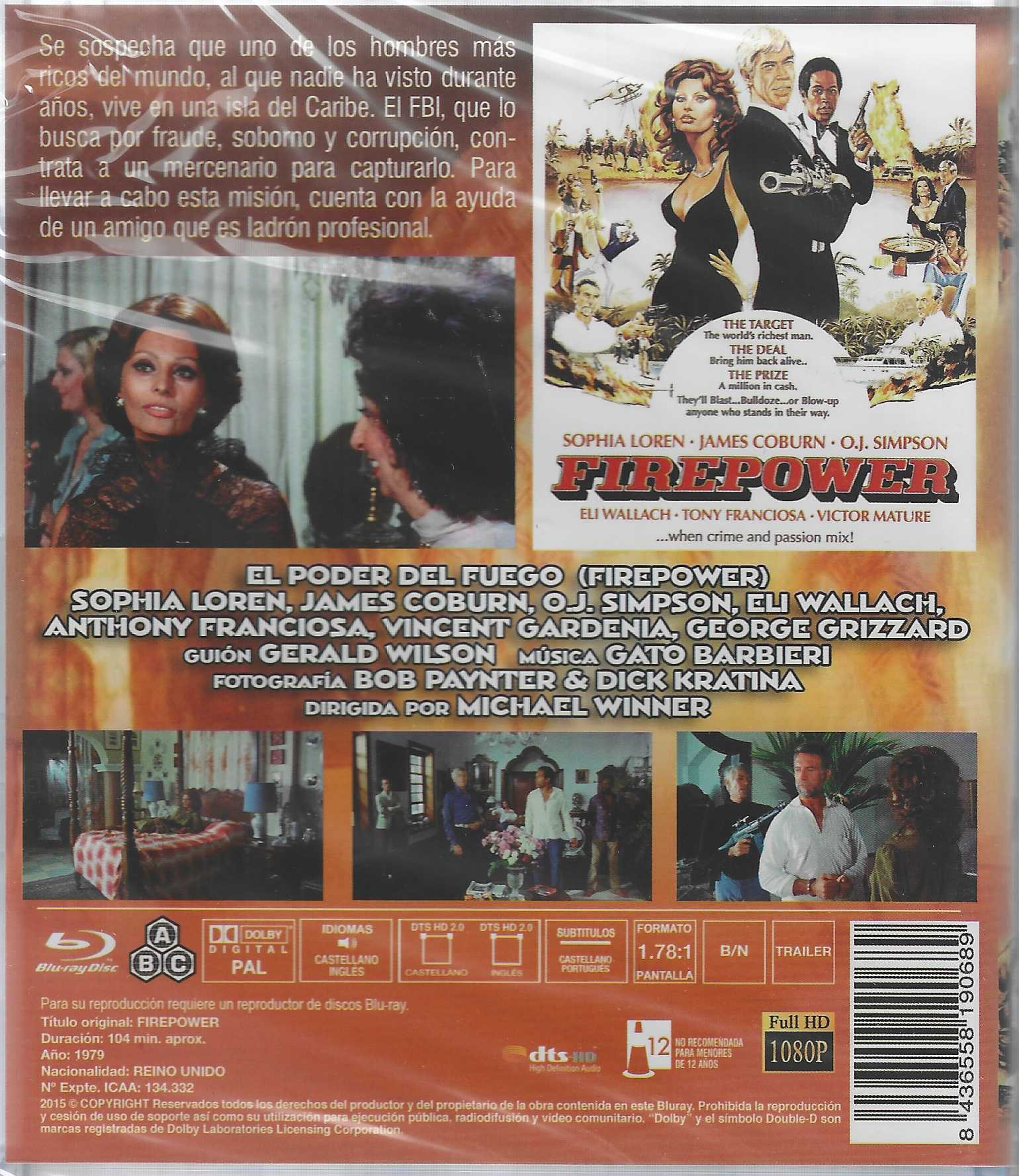 Contraportada del Blu-ray de la película Firepower con Sophia Loren, texto y escenas.