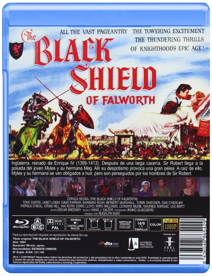 Caratula de Blu-ray de El escudo negro con caballeros, romance, texto y escenas.