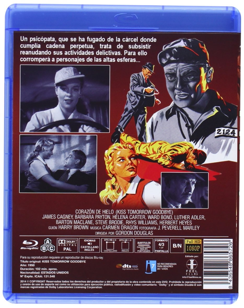 Contraportada de la caja de Blu-ray de 'Kiss Tomorrow Goodbye' con fotogramas y créditos.