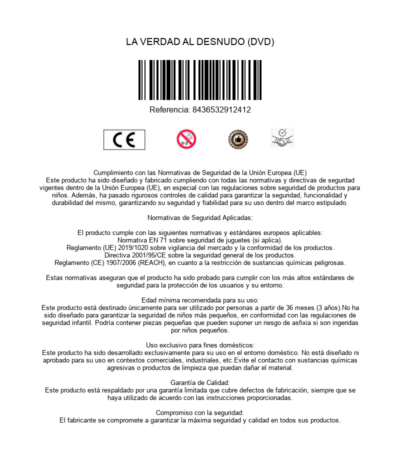Información de producto con código de barras, marca CE y texto sobre normativas de seguridad de la UE.