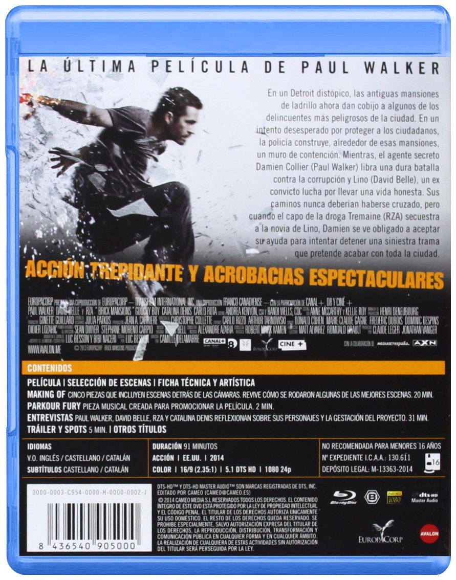 Contraportada de una caja de Blu-ray de la película Brick Mansions con Paul Walker.