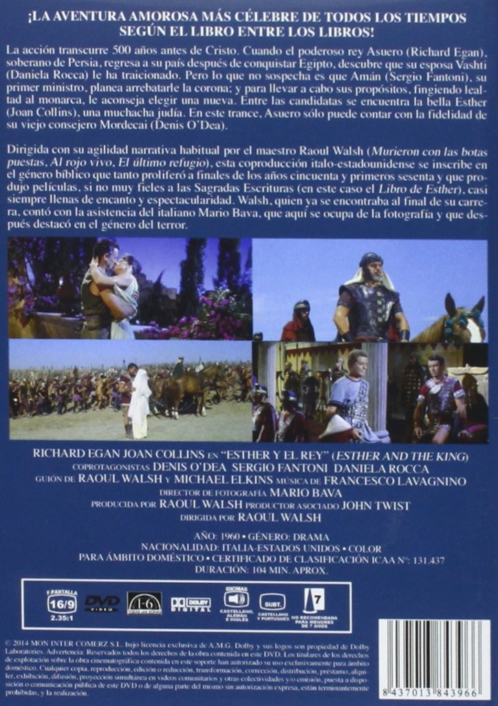 Contraportada de DVD de Esther y el rey con texto, escenas de la película y datos técnicos sobre fondo azul.