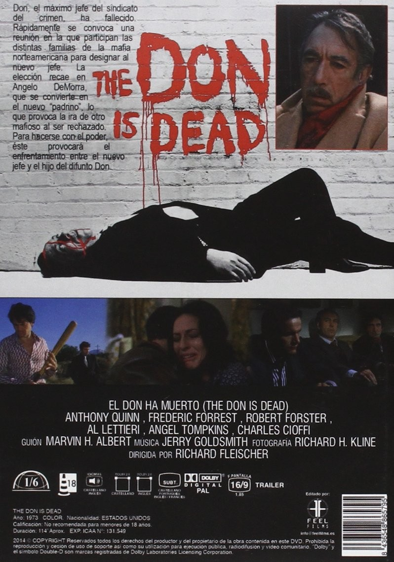 Carátula de The Don Is Dead con un cadáver, texto ensangrentado, fotos de escena y reparto.