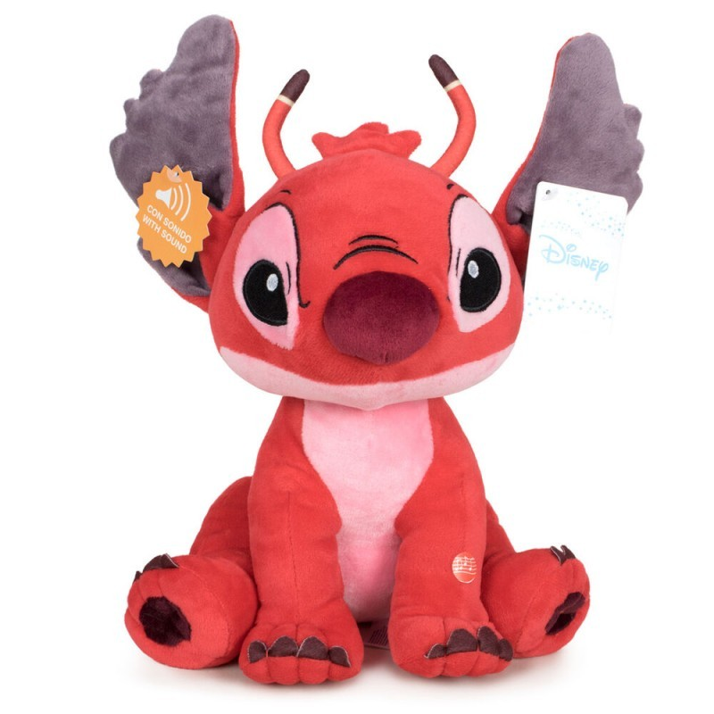 Peluche rojo de Stitch con orejas grandes y etiqueta de Disney.