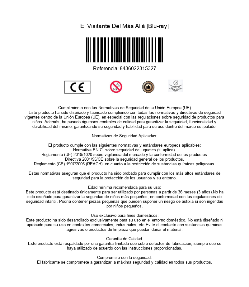 Información del producto y normas de seguridad para El Visitante Del Más Allá Blu-ray con código de barras y símbolos.