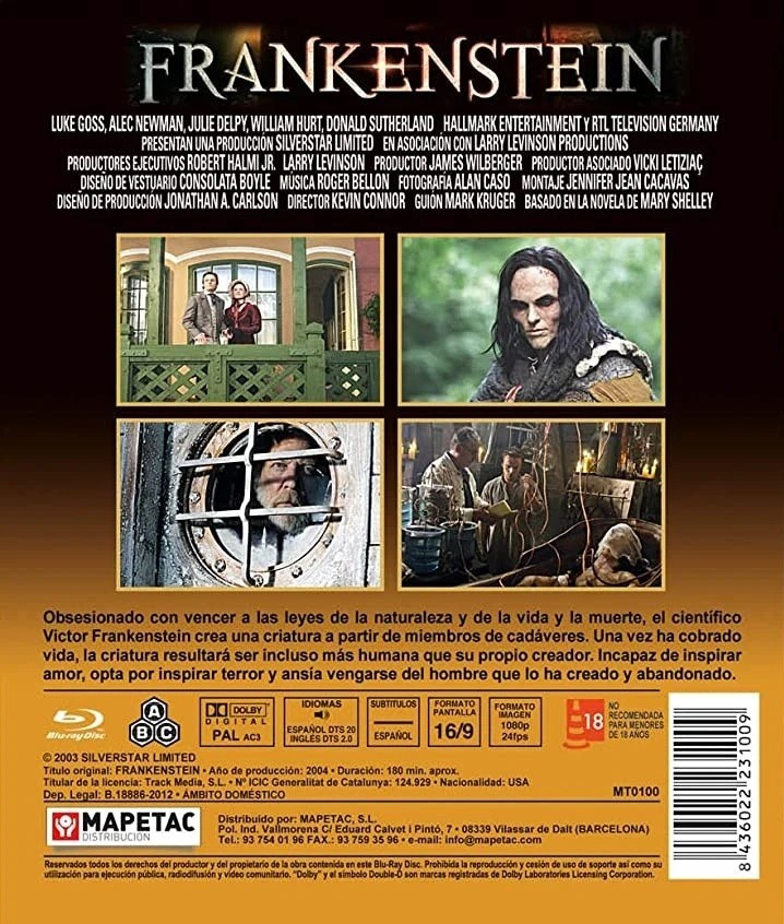 Contraportada del DVD de Frankenstein con cuatro fotogramas, texto y detalles técnicos.