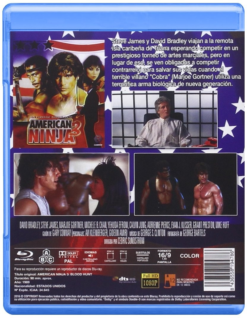 Contraportada del Blu-ray de American Ninja 3 con fotos de personajes, sinopsis, créditos y especificaciones sobre bandera de EE. UU.
