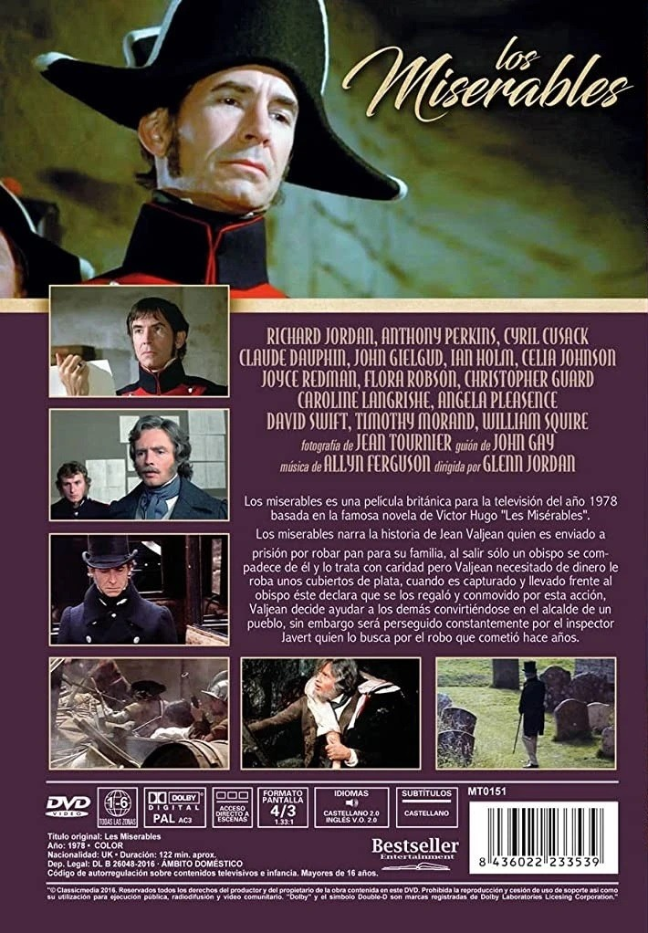 Contraportada del DVD de Los Miserables con un hombre con sombrero de tres picos y escenas.