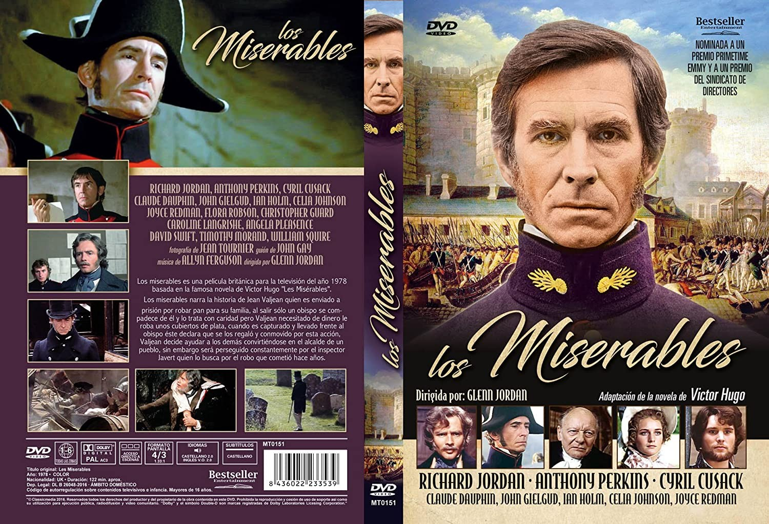 Carátula del DVD de Los Miserables con Richard Jordan en primer plano y escenas.