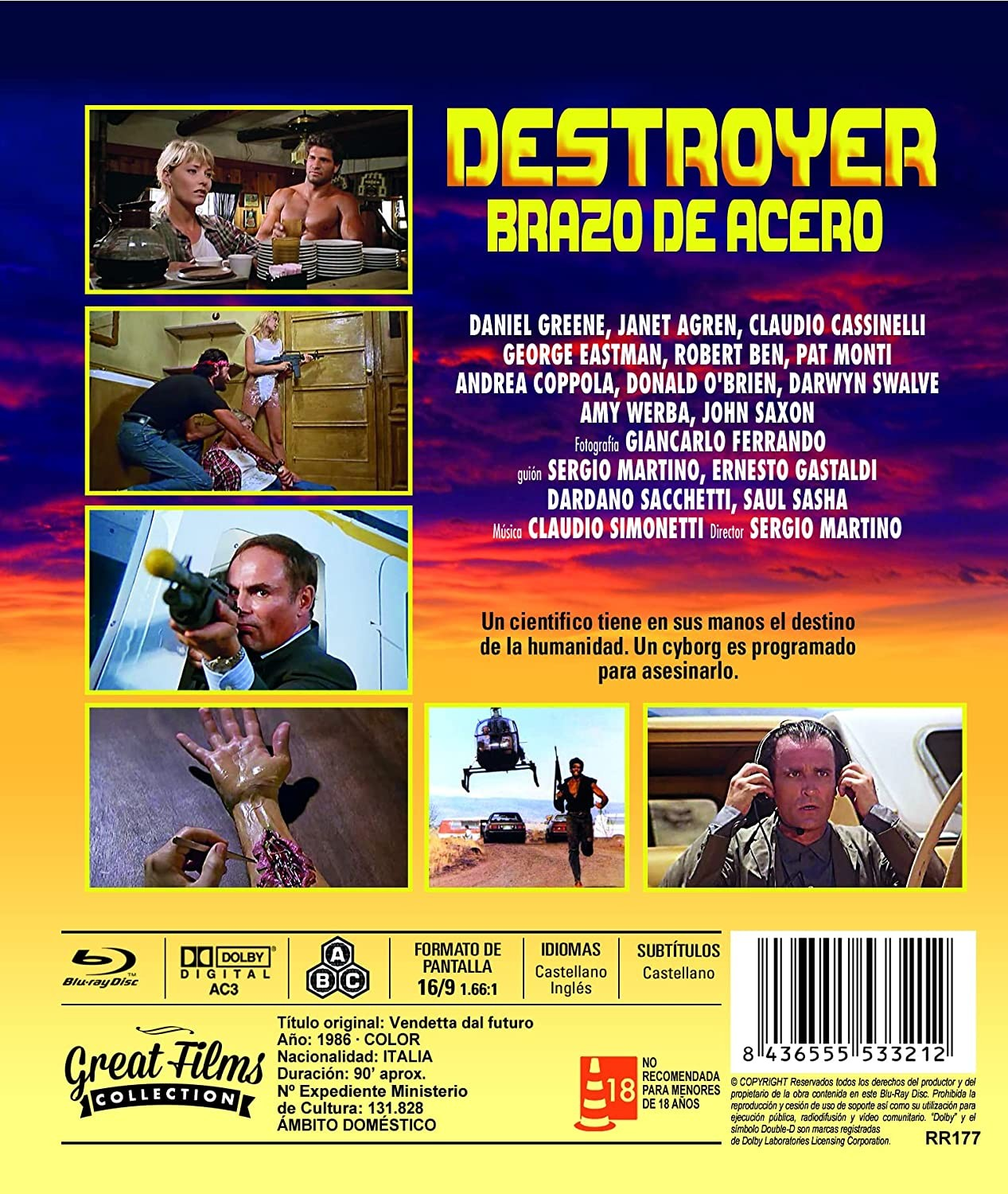 Carátula de Blu-ray de Destroyer con fotogramas, textos, créditos y código de barras sobre fondo rojizo.