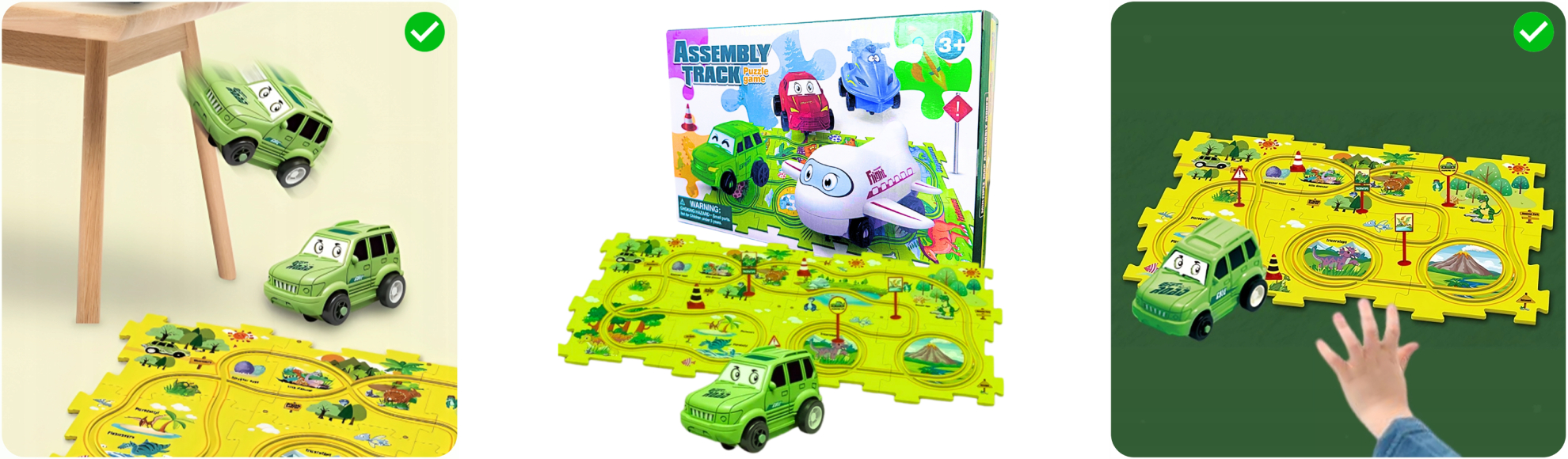 Zielony samochód zabawka jedzie po żółtym torze puzzli z motywami dinozaurów.