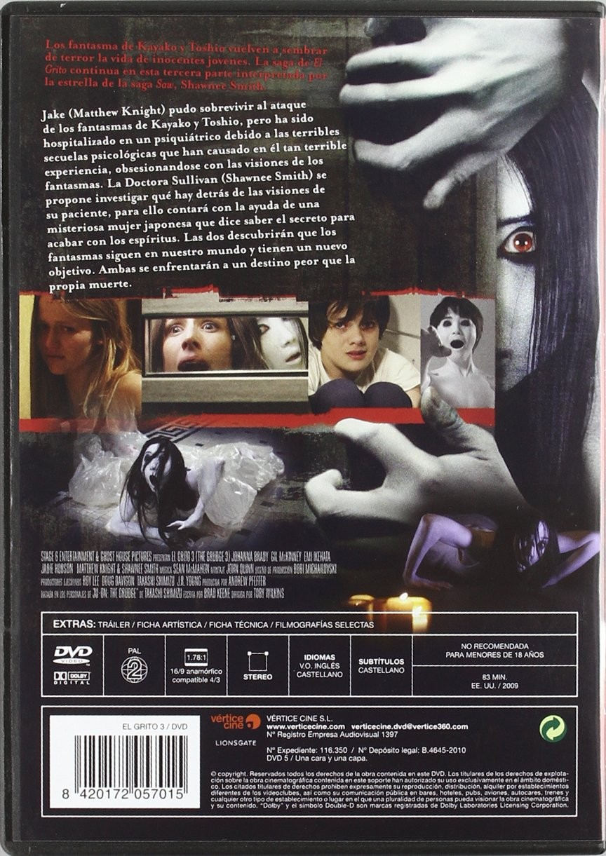 Contraportada del DVD de terror The Grudge 3 con imágenes y texto inquietantes.