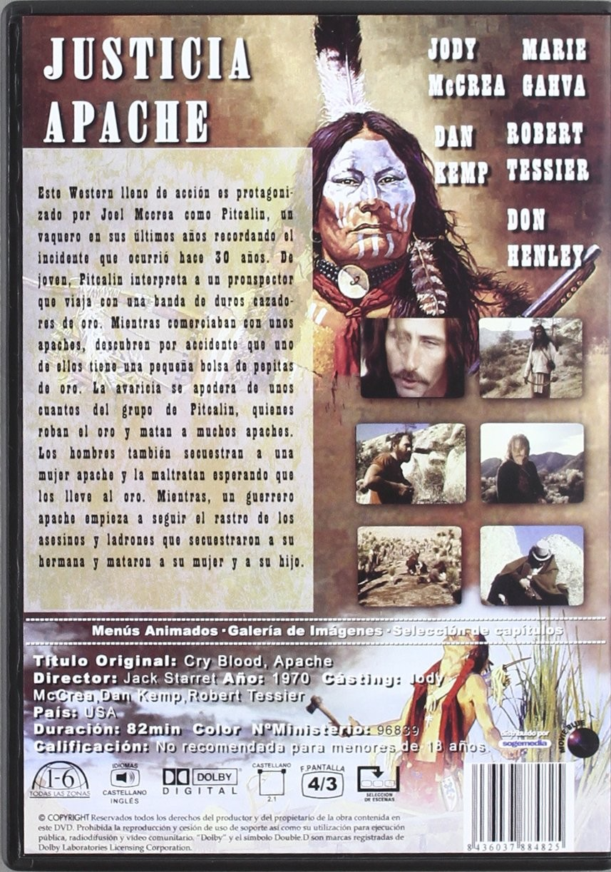 Contraportada de DVD con un póster de cine western, fotogramas, sinopsis en español y nombres del reparto.