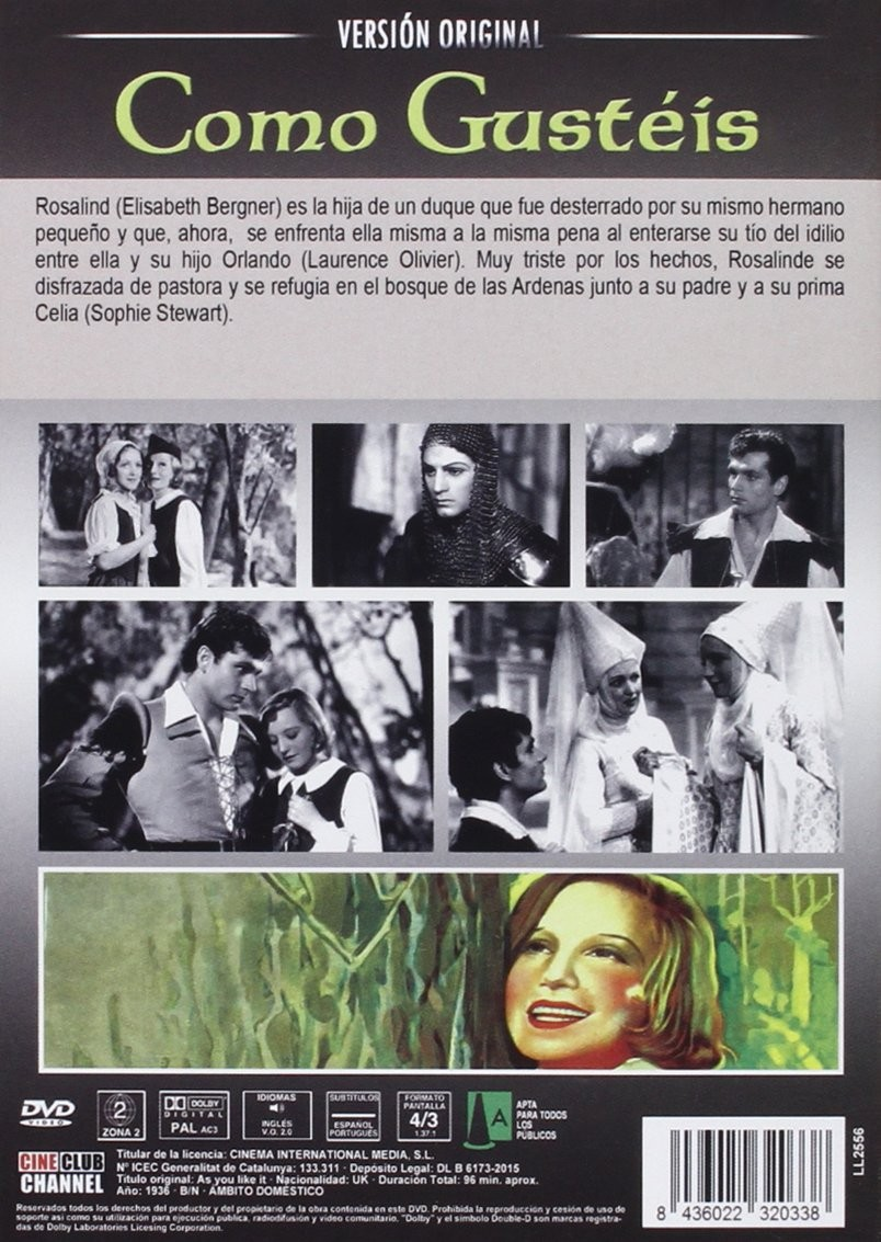 Contraportada de DVD de 'Como Gustéis' con fotos de escenas en blanco y negro, texto y código de barras.