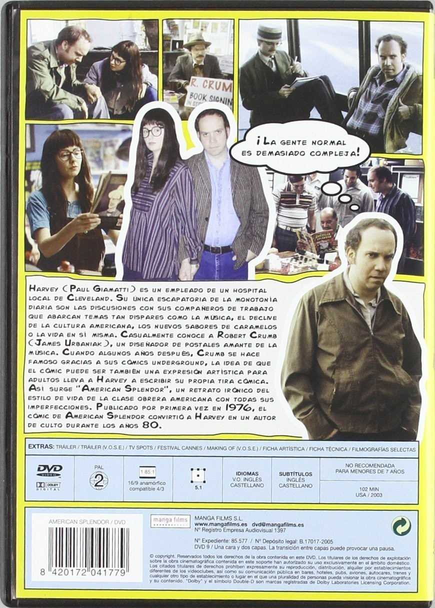 Caratula del DVD American Splendor con fotos de personajes, paneles de comic, sinopsis y datos tecnicos.