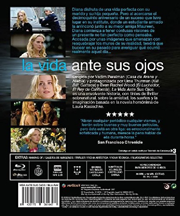 Contraportada del DVD de 'La vida ante sus ojos' con fotogramas, sinopsis y detalles técnicos.