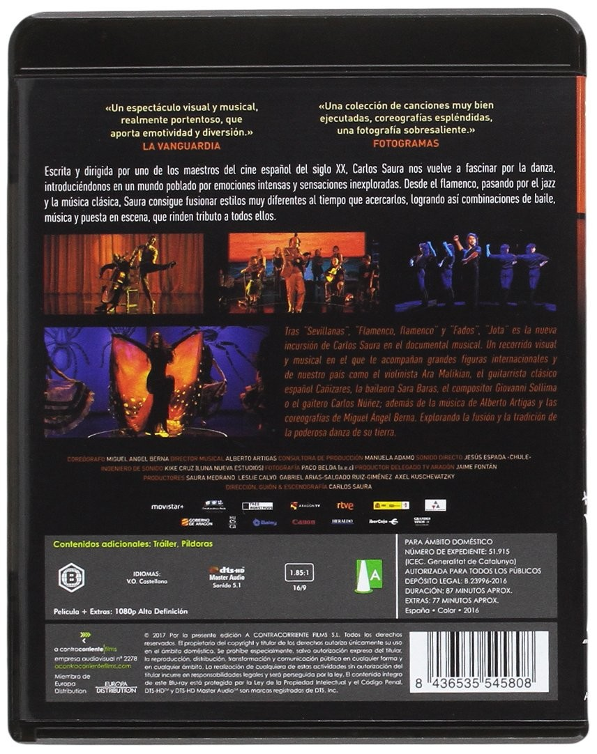 Parte trasera de una caja de Blu-ray con fotogramas, texto en español, créditos y un código de barras.